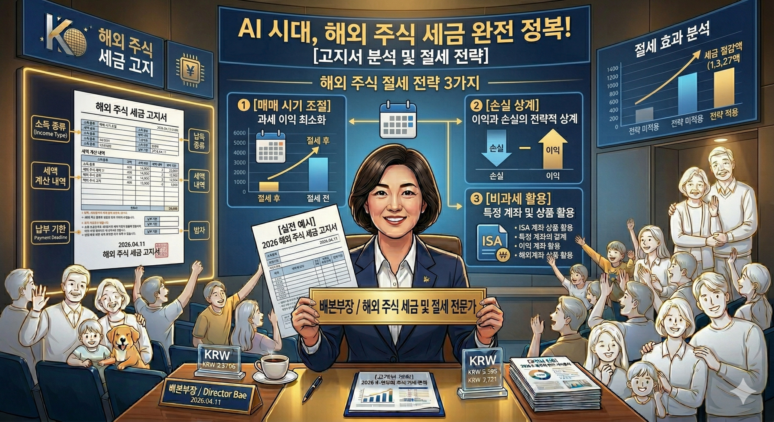 해외 주식 양도소득세 세금 고지서와 절세 전략을 설명하는 인포그래픽